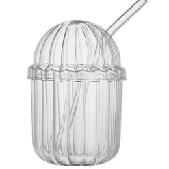 Borosilikatglasbecher mit Deckel und Strohhalm – vertikal gestreifte Kaffeetasse