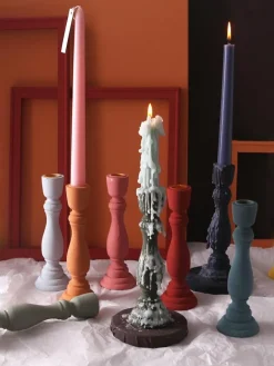 Brush Painted Wood Candle Holder – Vintage Matte Decorative Stand