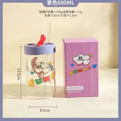 Cartoon-Glasbecher mit Deckel und Strohhalm – 600 ml Trinkgeschirr