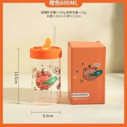 Cartoon-Glasbecher mit Deckel und Strohhalm – 600 ml Trinkgeschirr