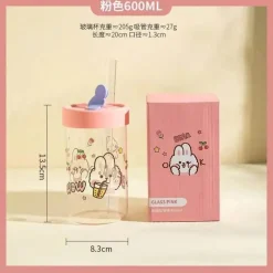 Cartoon-Glasbecher mit Deckel und Strohhalm – 600 ml Trinkgeschirr