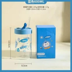 Cartoon-Glasbecher mit Deckel und Strohhalm – 600 ml Trinkgeschirr