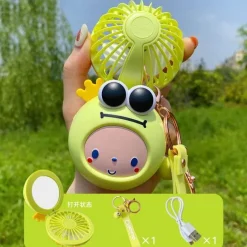 Cartoon-Schminkspiegel mit USB-Ventilator – Tragbares Kosmetikwerkzeug