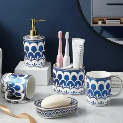 Ceramic Bathroom Set - Gilt Feather Pattern Accessories