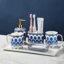 Ceramic Bathroom Set - Gilt Feather Pattern Accessories