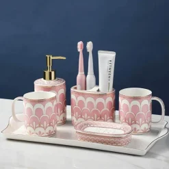 Ceramic Bathroom Set - Gilt Feather Pattern Accessories