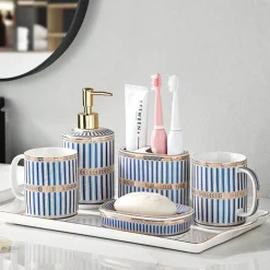 Ceramic Bathroom Set - Stripe Gilt Design
