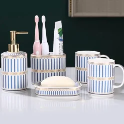 Ceramic Bathroom Set - Stripe Gilt Design