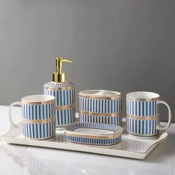 Ceramic Bathroom Set - Stripe Gilt Design
