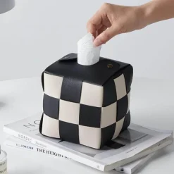 Checkered Tissue Box Cover - Decorative Holder for Home Decor