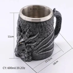 Drachenschädel-Krug – 600 ml mittelalterlicher Bierkrug aus Edelstahl