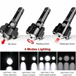 Drehbare, wiederaufladbare Taschenlampe mit drei Köpfen – vielseitige Außenbeleuchtung
