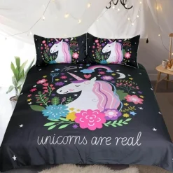 Einhorn Floral Mädchen Kinder Cartoon Komfortable Bettbezug Bettwäsche Set