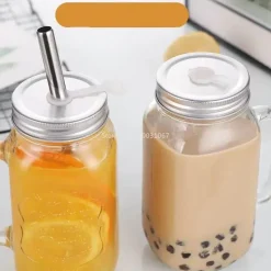 Einmachglas-Becher mit Henkeln – Klares Trinkgeschirr mit Strohhalm