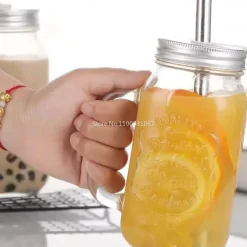 Einmachglas-Becher mit Henkeln – Klares Trinkgeschirr mit Strohhalm