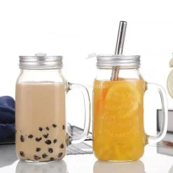Einmachglas-Becher mit Henkeln – Klares Trinkgeschirr mit Strohhalm