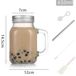 Einmachglas-Becher mit Henkeln – Klares Trinkgeschirr mit Strohhalm