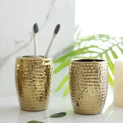 Elegant Gold Embossed Ceramic Bathroom Set - Luxurious Bath Accessories