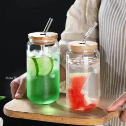 Eleganter Glasbecher mit Strohhalm – Kaffee-/Teegeschenk im japanischen Stil