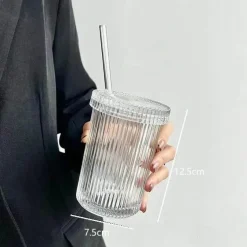 Eleganter Glasbecher mit Strohhalm – Kaffee-/Teegeschenk im japanischen Stil