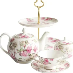 Elegantes Royal Rose Teeservice - Teekanne, Teetassen, Milchkännchen, Zuckerdose, Untertasse