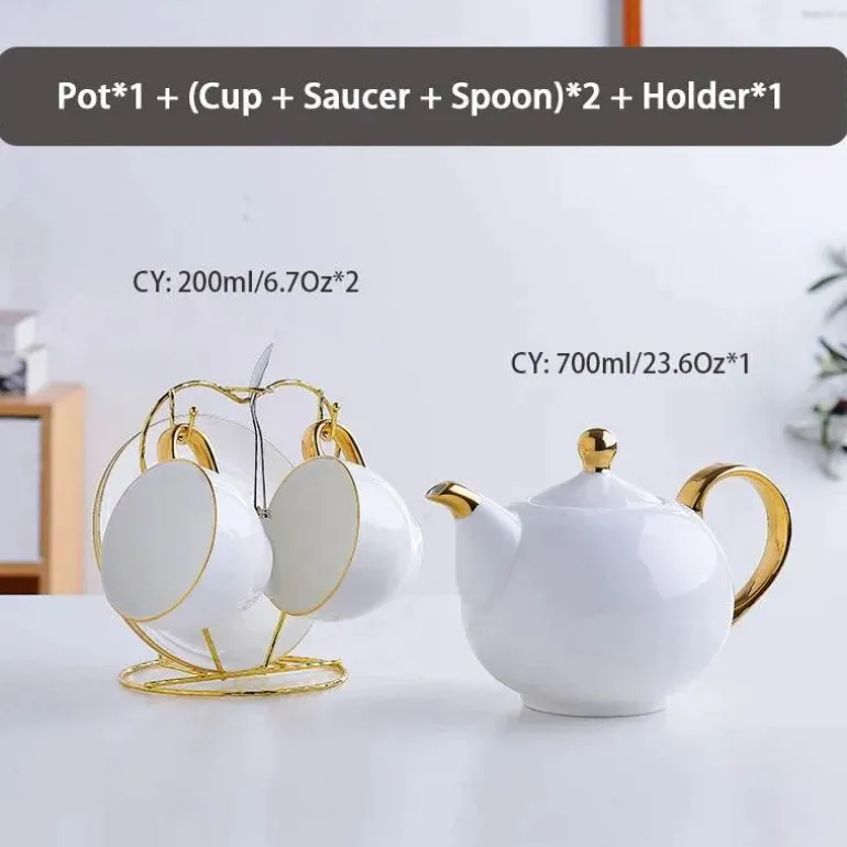 Elegantes Teeservice aus Bone China – Teetassen und Teekanne aus weißem Gold
