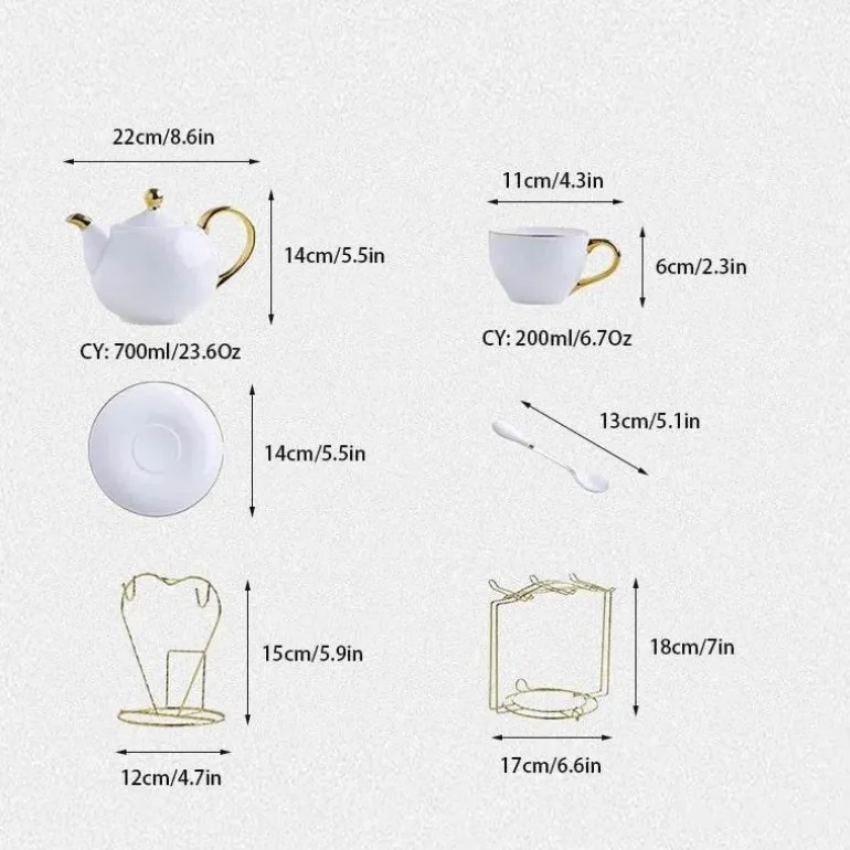 Elegantes Teeservice aus Bone China – Teetassen und Teekanne aus weißem Gold