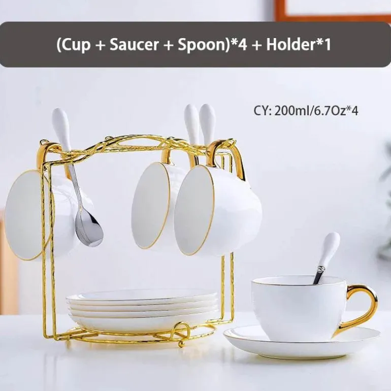 Elegantes Teeservice aus Bone China – Teetassen und Teekanne aus weißem Gold