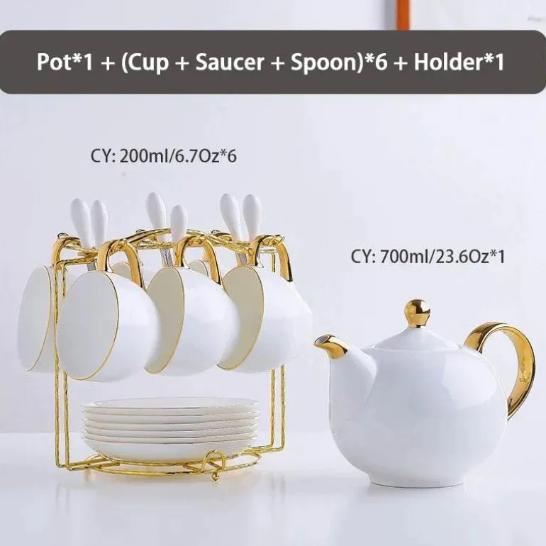 Elegantes Teeservice aus Bone China – Teetassen und Teekanne aus weißem Gold