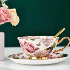 Elegantes Teetassen-Set aus Bone China – Schwarzes Kaffeegeschirr mit Untertasse und Löffel