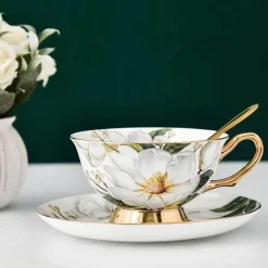Elegantes Teetassen-Set aus Bone China – Schwarzes Kaffeegeschirr mit Untertasse und Löffel