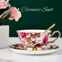 Elegantes Teetassen-Set aus Bone China – Schwarzes Kaffeegeschirr mit Untertasse und Löffel