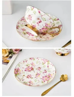 Elegantes Teetassen-Set aus Bone China – Schwarzes Kaffeegeschirr mit Untertasse und Löffel