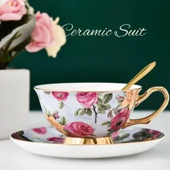 Elegantes Teetassen-Set aus Bone China – Schwarzes Kaffeegeschirr mit Untertasse und Löffel