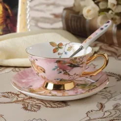 Elegantes Teetassen-Set mit Vogelmotiv – 200 ml Porzellantasse mit Untertasse und Löffel
