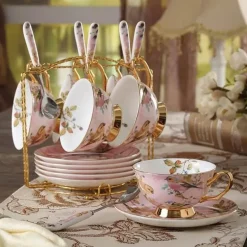 Elegantes Teetassen-Set mit Vogelmotiv – 200 ml Porzellantasse mit Untertasse und Löffel