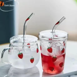 Erdbeerglasbecher – süßes hitzebeständiges Trinkgefäß mit Strohhalm, 300–350 ml