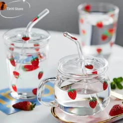 Erdbeerglasbecher – süßes hitzebeständiges Trinkgefäß mit Strohhalm, 300–350 ml
