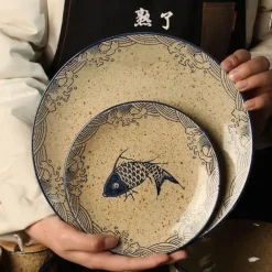 Essteller-Set mit japanischem Fischdruck – einzigartiges Keramikgeschirr