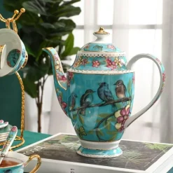Europäisches Tee- und Kaffeeset mit blauem Vogel – Tasse aus Knochenporzellan, Teekanne, Zuckerdose, Milchkännchen