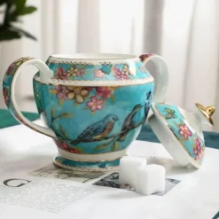 Europäisches Tee- und Kaffeeset mit blauem Vogel – Tasse aus Knochenporzellan, Teekanne, Zuckerdose, Milchkännchen