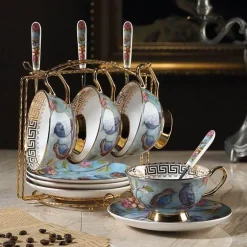 Europäisches Tee- und Kaffeeset mit blauem Vogel – Tasse aus Knochenporzellan, Teekanne, Zuckerdose, Milchkännchen