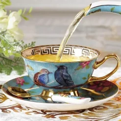 Europäisches Tee- und Kaffeeset mit blauem Vogel – Tasse aus Knochenporzellan, Teekanne, Zuckerdose, Milchkännchen