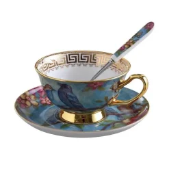 Europäisches Tee- und Kaffeeset mit blauem Vogel – Tasse aus Knochenporzellan, Teekanne, Zuckerdose, Milchkännchen