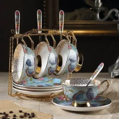 Europäisches Tee- und Kaffeeset mit blauem Vogel – Tasse aus Knochenporzellan, Teekanne, Zuckerdose, Milchkännchen