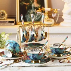 Europäisches Tee- und Kaffeeset mit blauem Vogel – Tasse aus Knochenporzellan, Teekanne, Zuckerdose, Milchkännchen