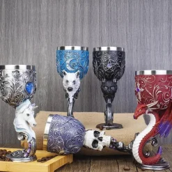 Fantasy Kelch - Weinglas mit Einhorn, Drache, Wolf, Katze und Totenkopf