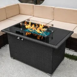 Feuerstellentisch aus blauem Stein – Eleganter Versammlungstisch für die Terrasse im Freien