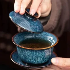 Gaiwan-Teeservice aus Porzellan – handgezeichnete blaue Sterntassen