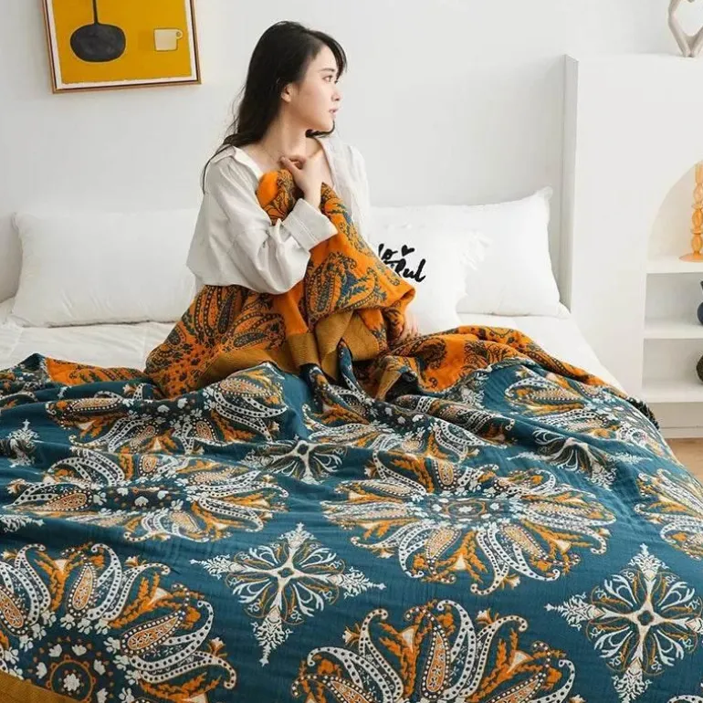 Geometrische Baumwollgaze-Decke – Stilvolles Sommer-Heimtextil für Erwachsene